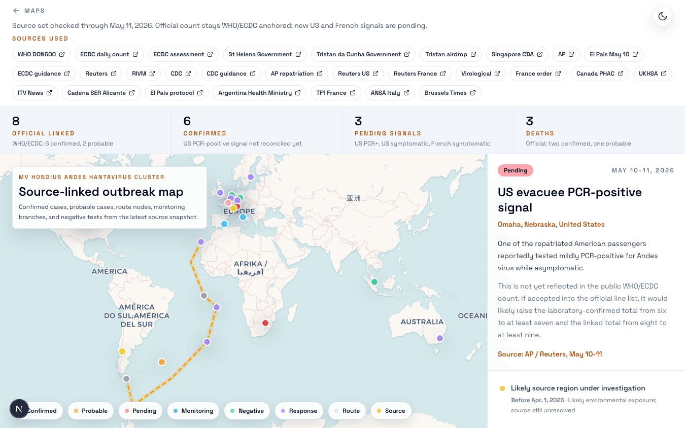 Hantavirus Tracker interactive map showing MV Hondius case, route, and monitoring signals