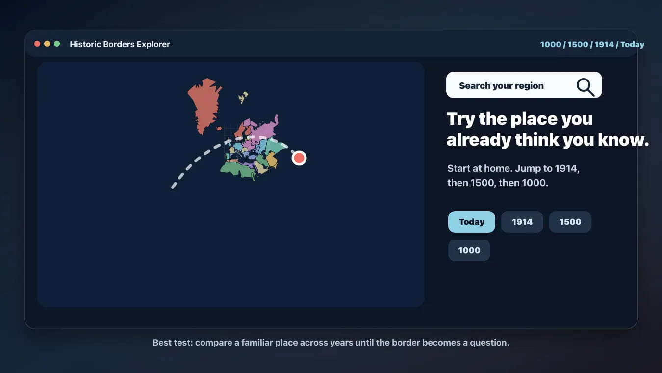 Historic Borders Explorer with a callout inviting readers to compare their own region across years.