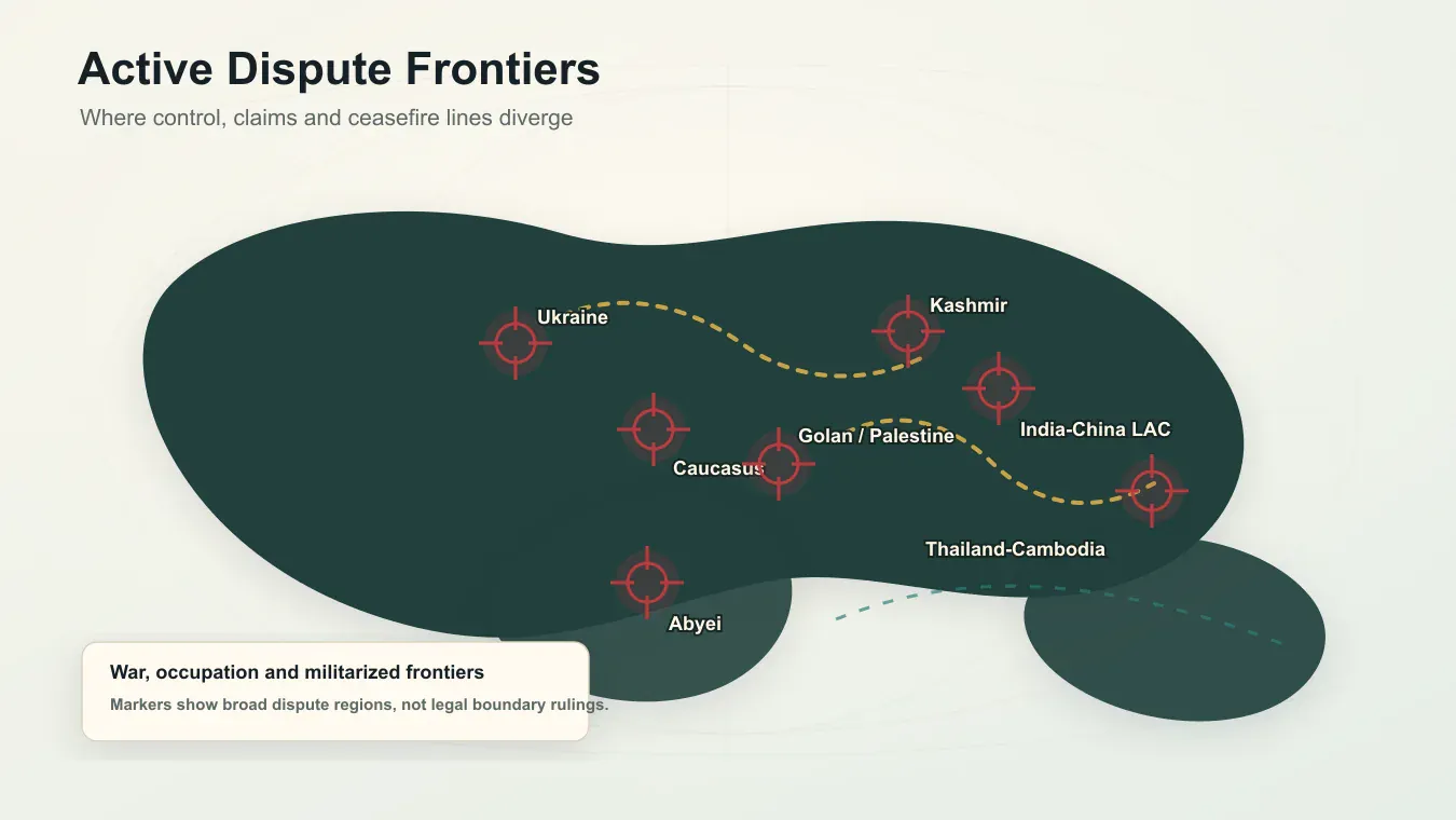 The most dangerous disputes are not only lines on paper; they are fronts, patrol zones and ceasefire boundaries. Stylized locator map marking Ukraine, Kashmir, the Golan, Abyei and other active disputed frontier regions.