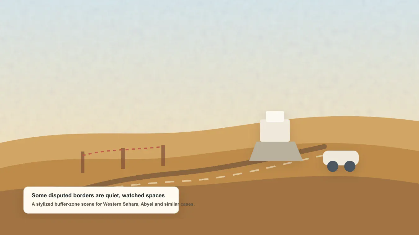 Stylized desert buffer zone with an observation post and a distant disputed boundary track.