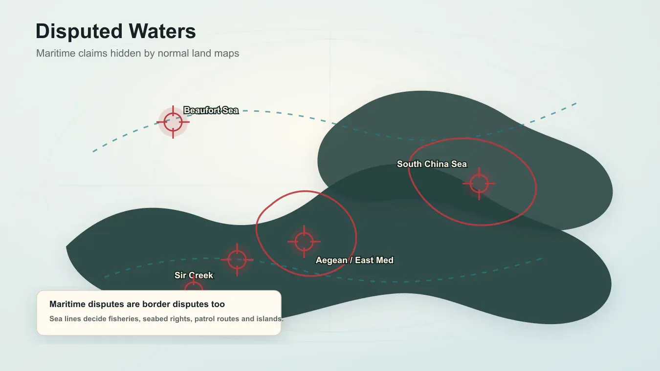 Many border disputes are at sea, where tiny features can shape huge maritime zones. Stylized map of disputed maritime zones including the South China Sea, the Eastern Mediterranean, Sir Creek and the Beaufort Sea.