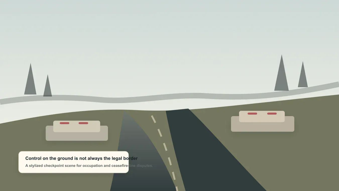 Stylized checkpoint scene with concrete barriers on a disputed frontier road.