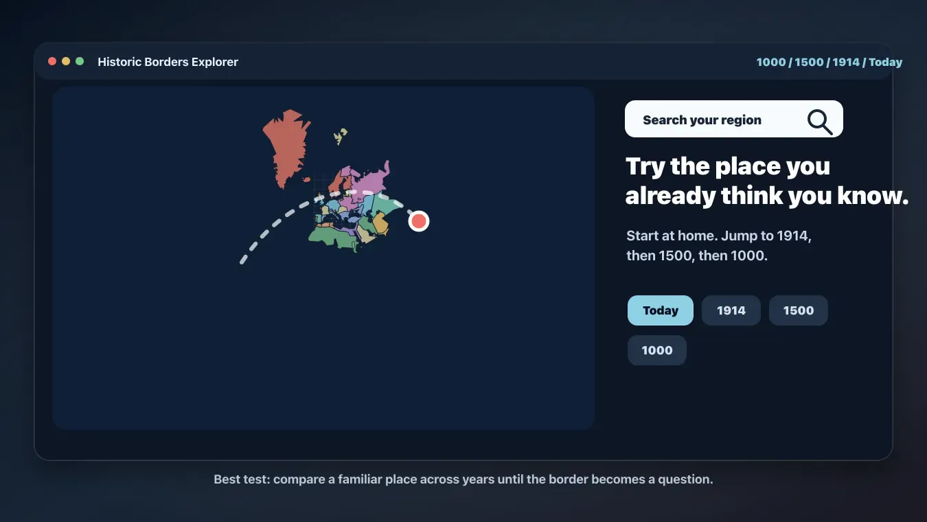 Historic Borders Explorer with a callout inviting readers to compare their own region across years.