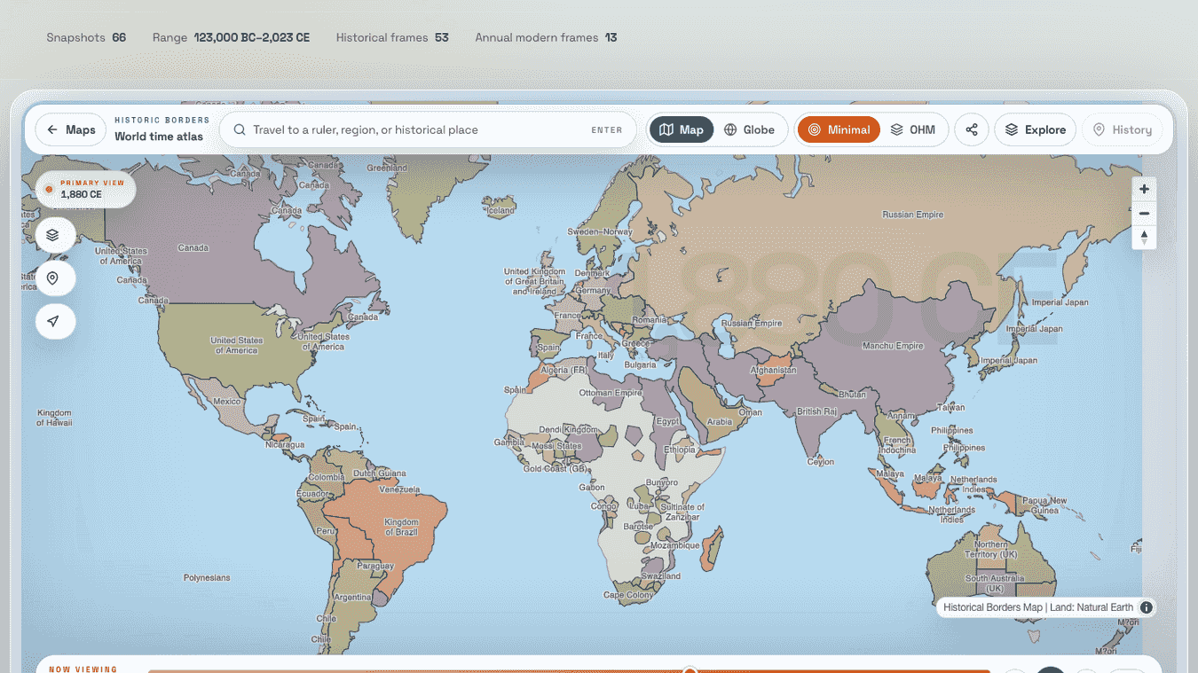 Historic Borders Explorer showing the 1880 world map and timeline controls