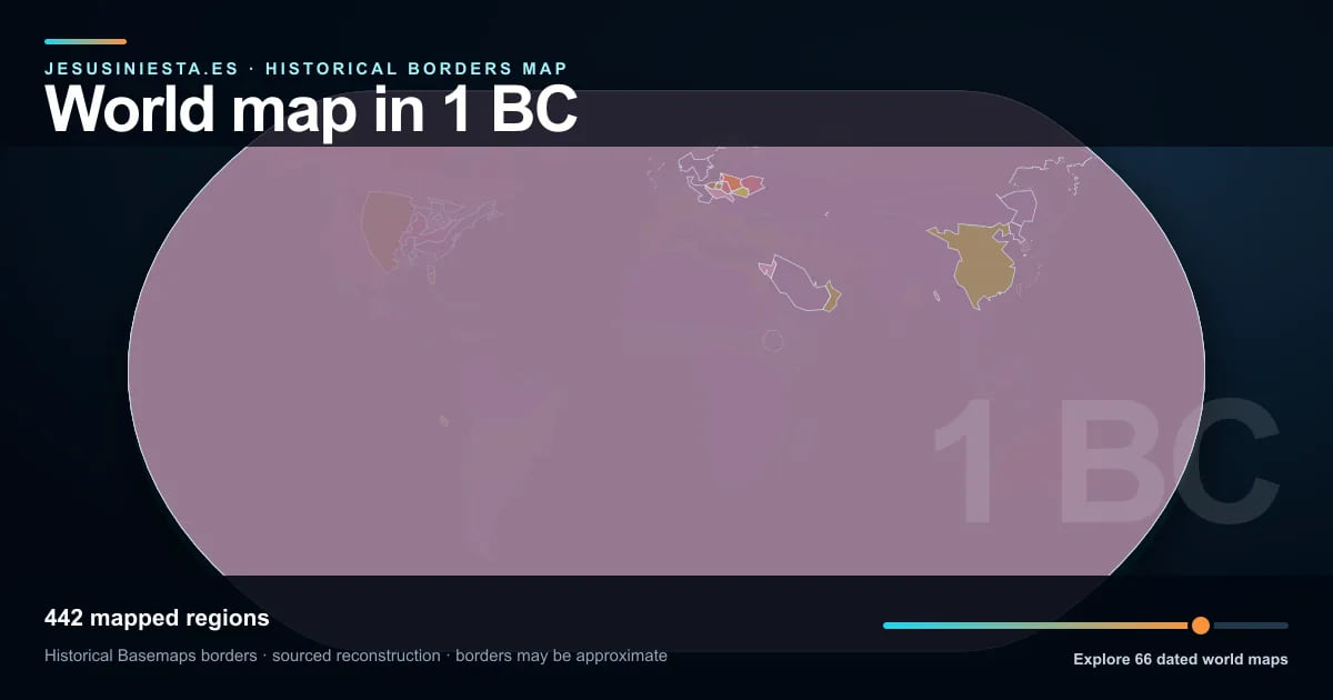 Historical world map reconstruction showing mapped regions in 1 BC