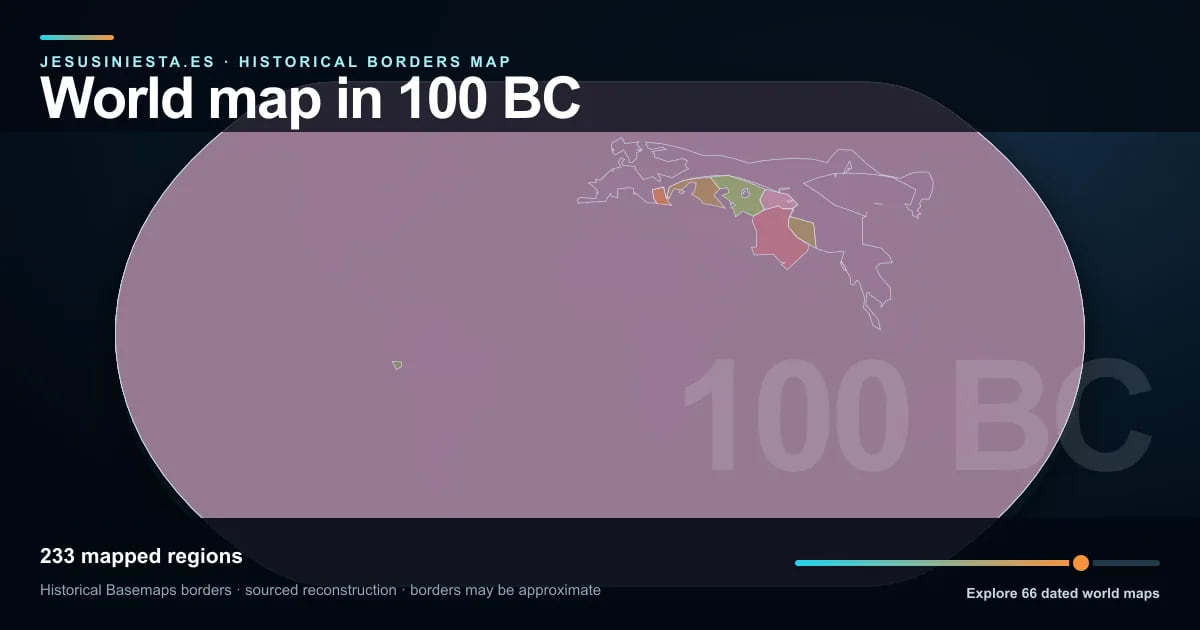 Historical world map reconstruction showing mapped regions in 100 BC