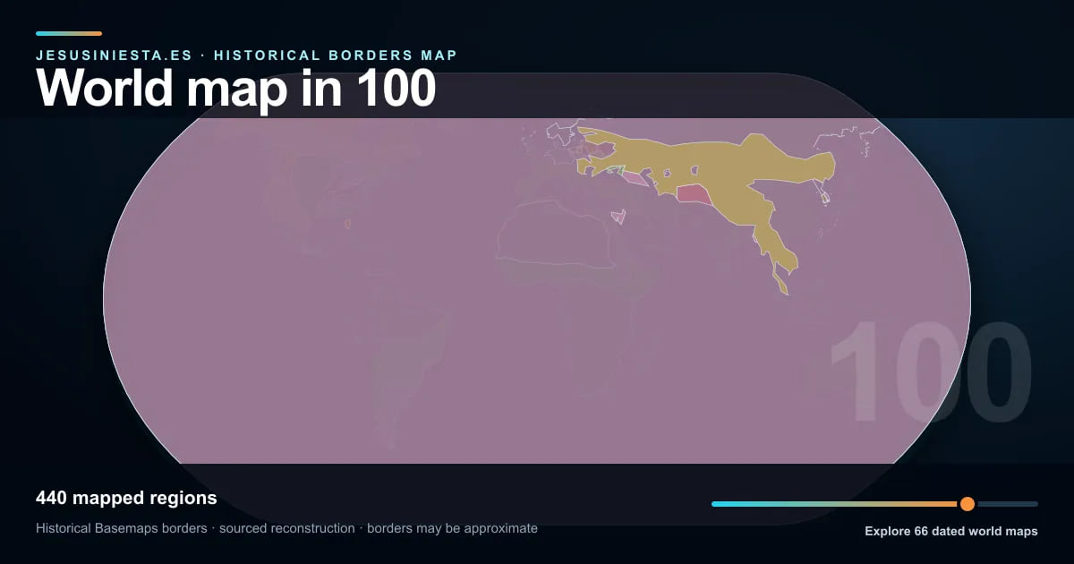 Historical world map reconstruction showing mapped regions in 100