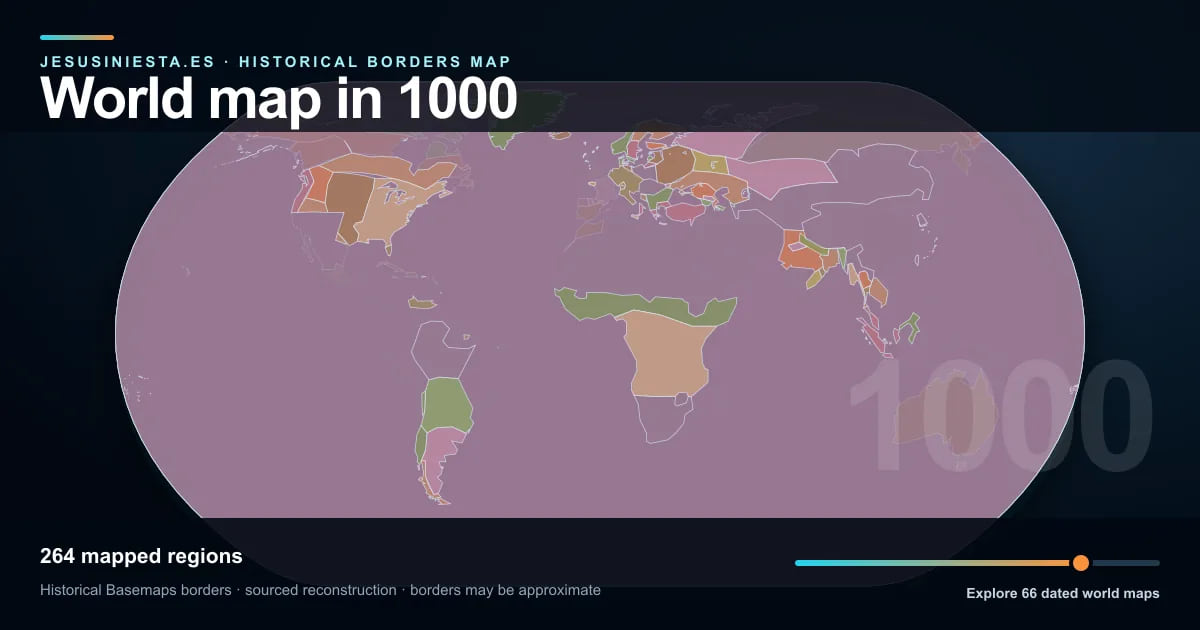 Historical world map reconstruction showing mapped regions in 1000