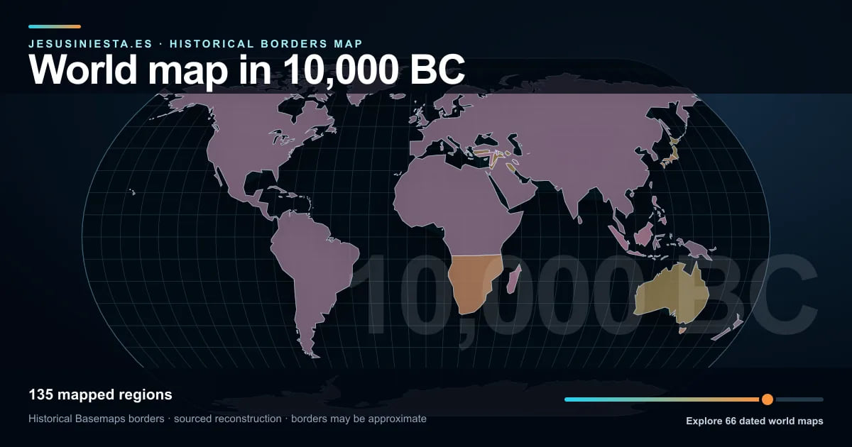 Historical world map reconstruction showing mapped regions in 10,000 BC