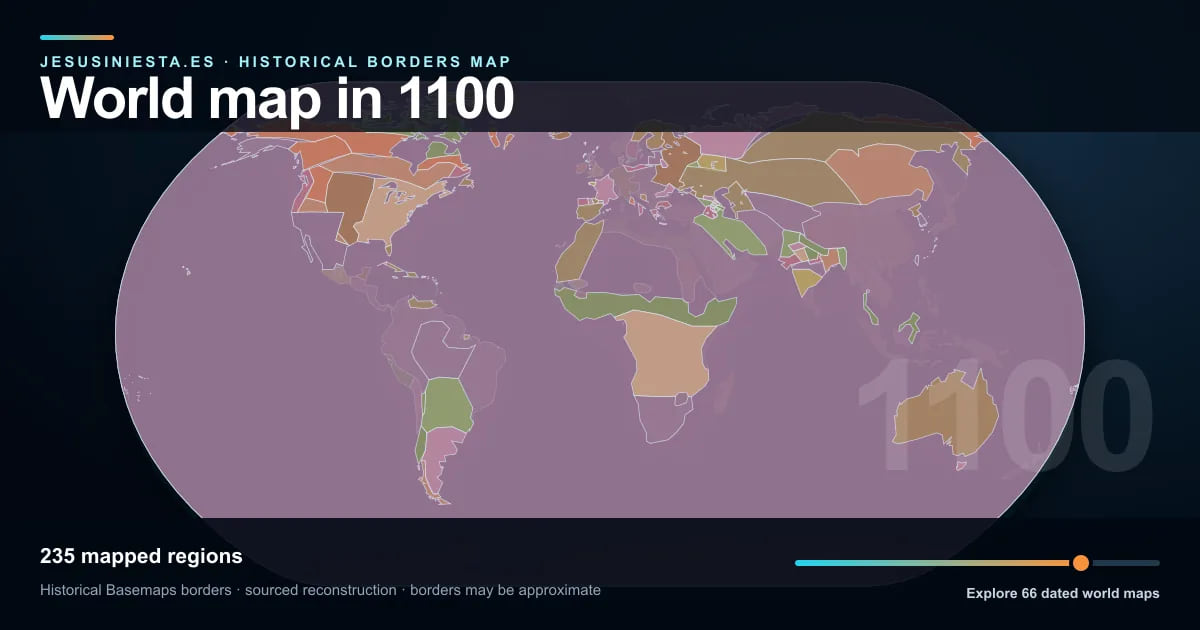 Historical world map reconstruction showing mapped regions in 1100