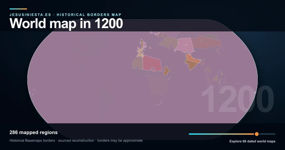 Historical world map reconstruction showing mapped regions in 1200