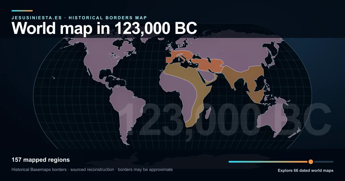 Historical world map reconstruction showing mapped regions in 123,000 BC