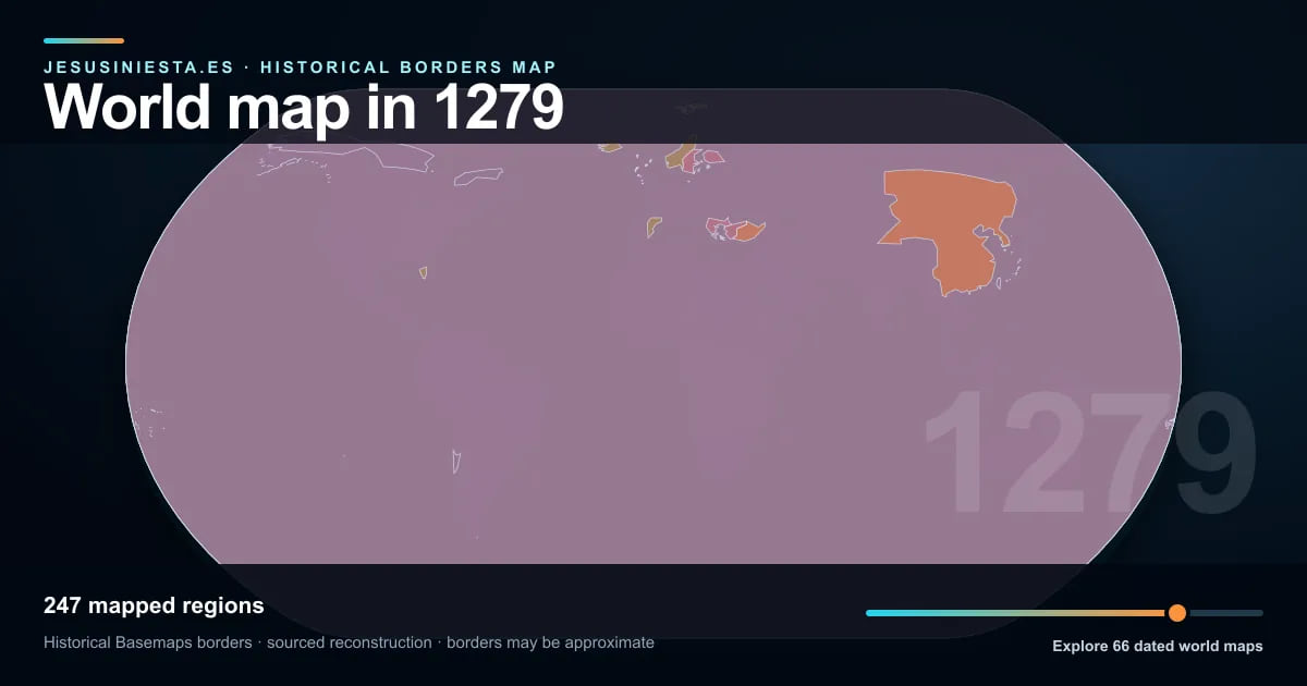 Historical world map reconstruction showing mapped regions in 1279
