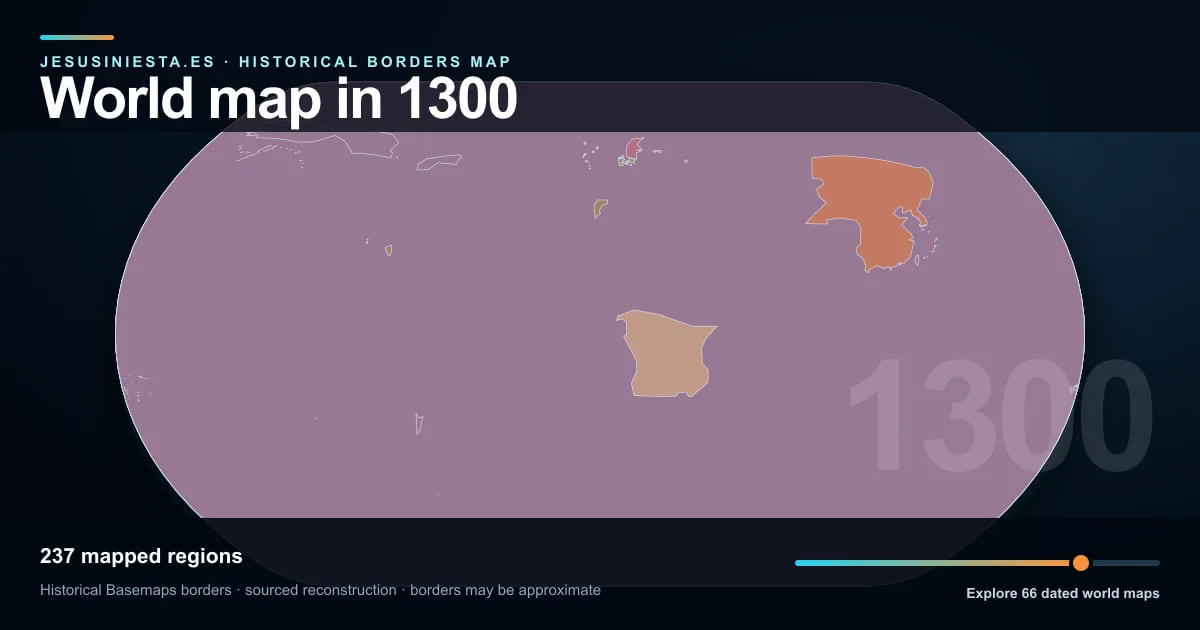 Historical world map reconstruction showing mapped regions in 1300
