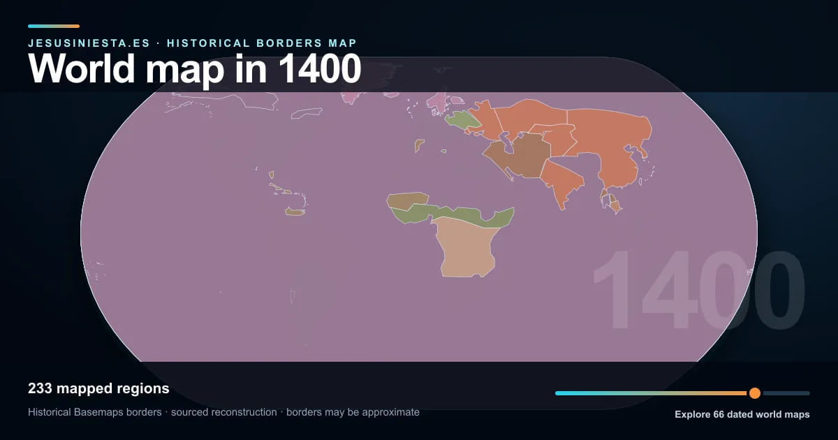 Historical world map reconstruction showing mapped regions in 1400