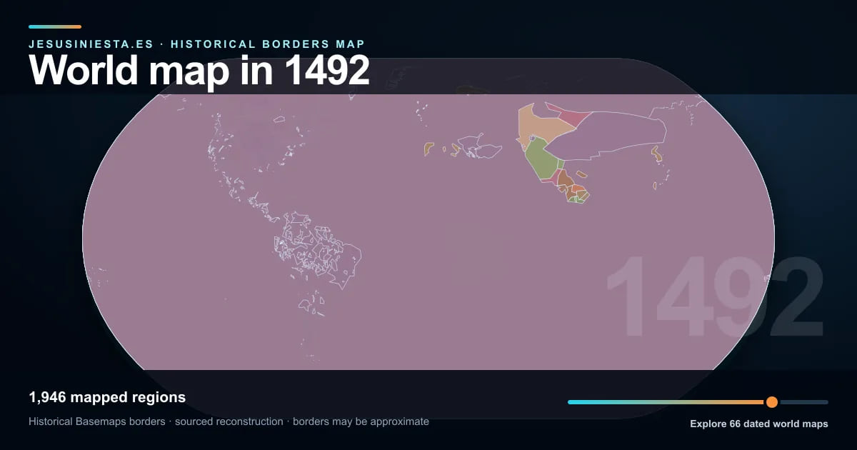 Historical world map reconstruction showing mapped regions in 1492