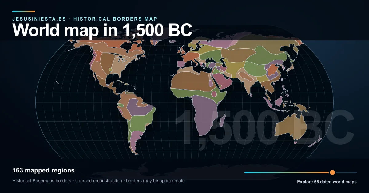 Historical world map reconstruction showing mapped regions in 1,500 BC