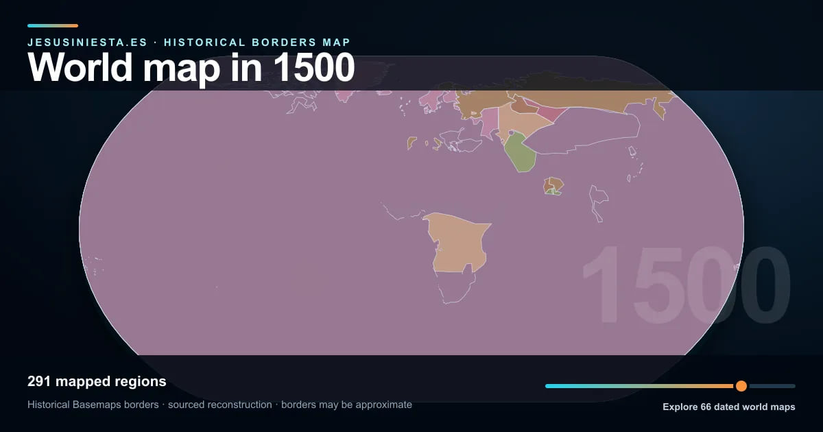 Historical world map reconstruction showing mapped regions in 1500