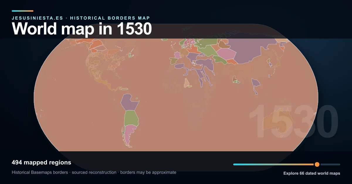 Historical world map reconstruction showing mapped regions in 1530