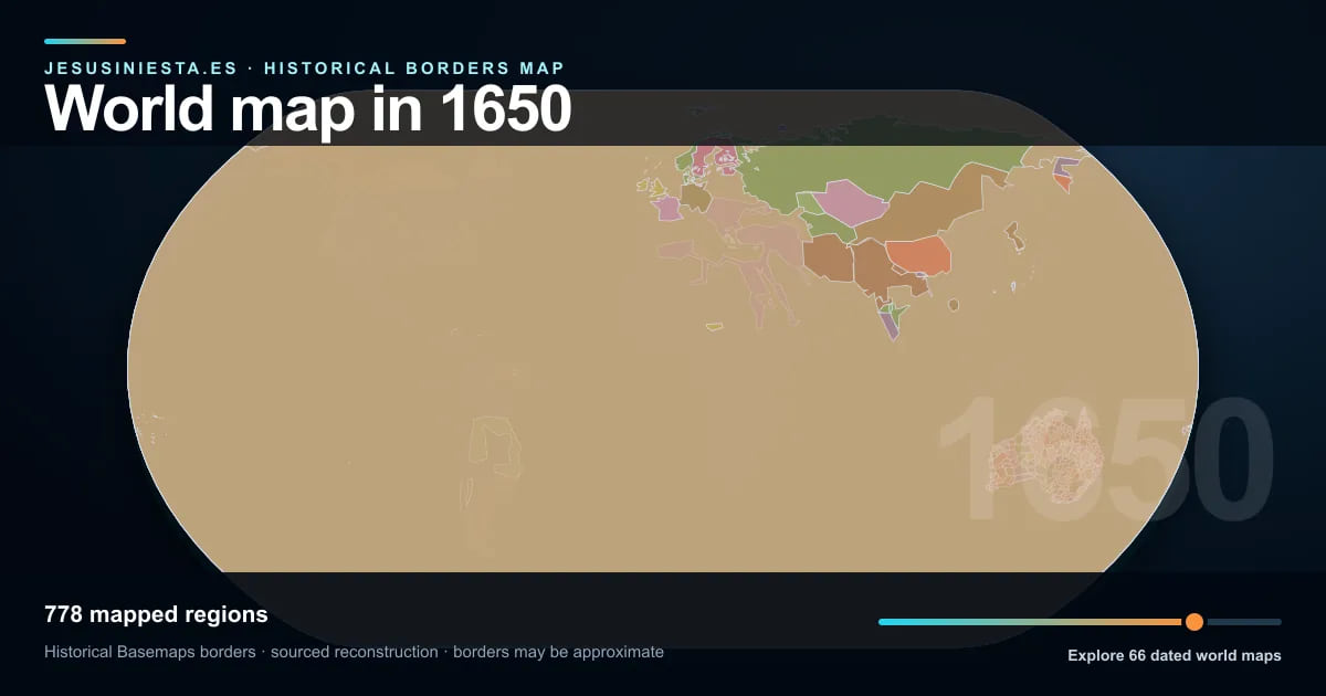Historical world map reconstruction showing mapped regions in 1650