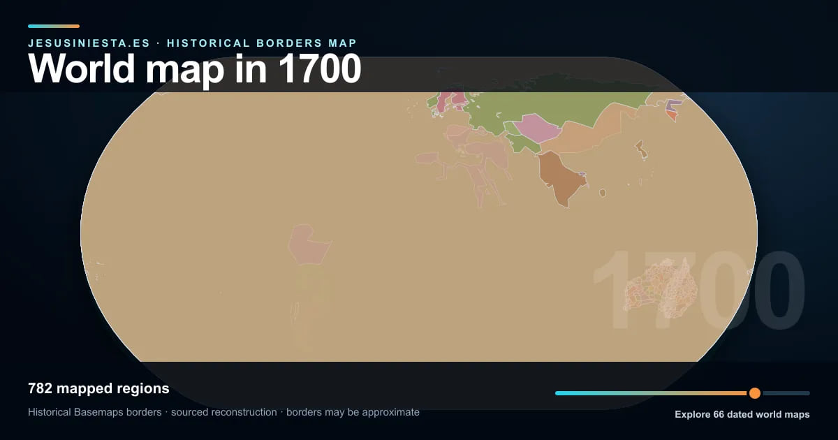 Historical world map reconstruction showing mapped regions in 1700