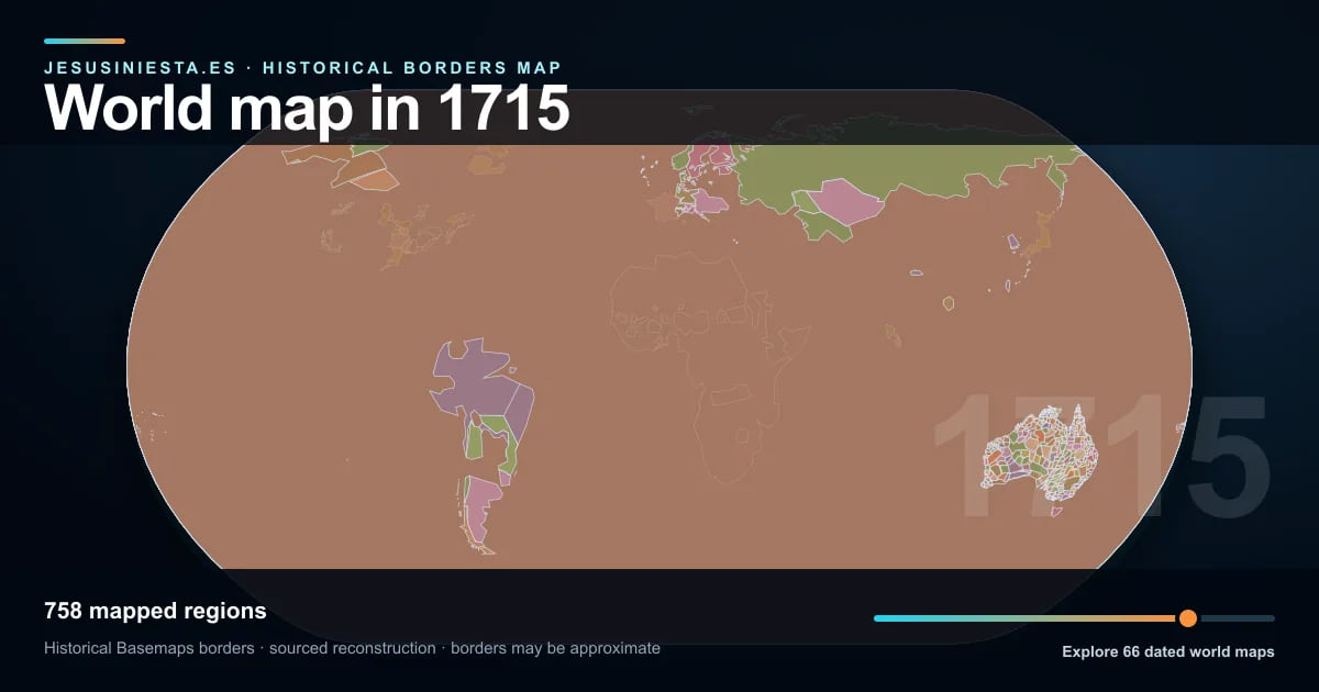 Historical world map reconstruction showing mapped regions in 1715