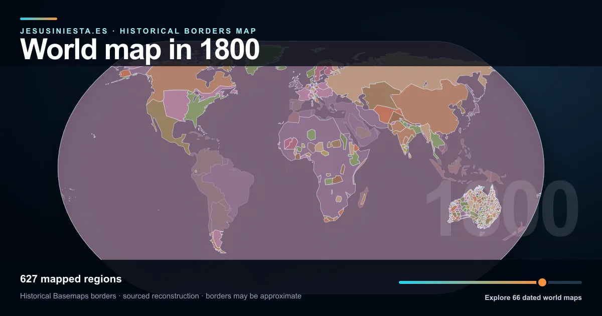 Historical world map reconstruction showing mapped regions in 1800