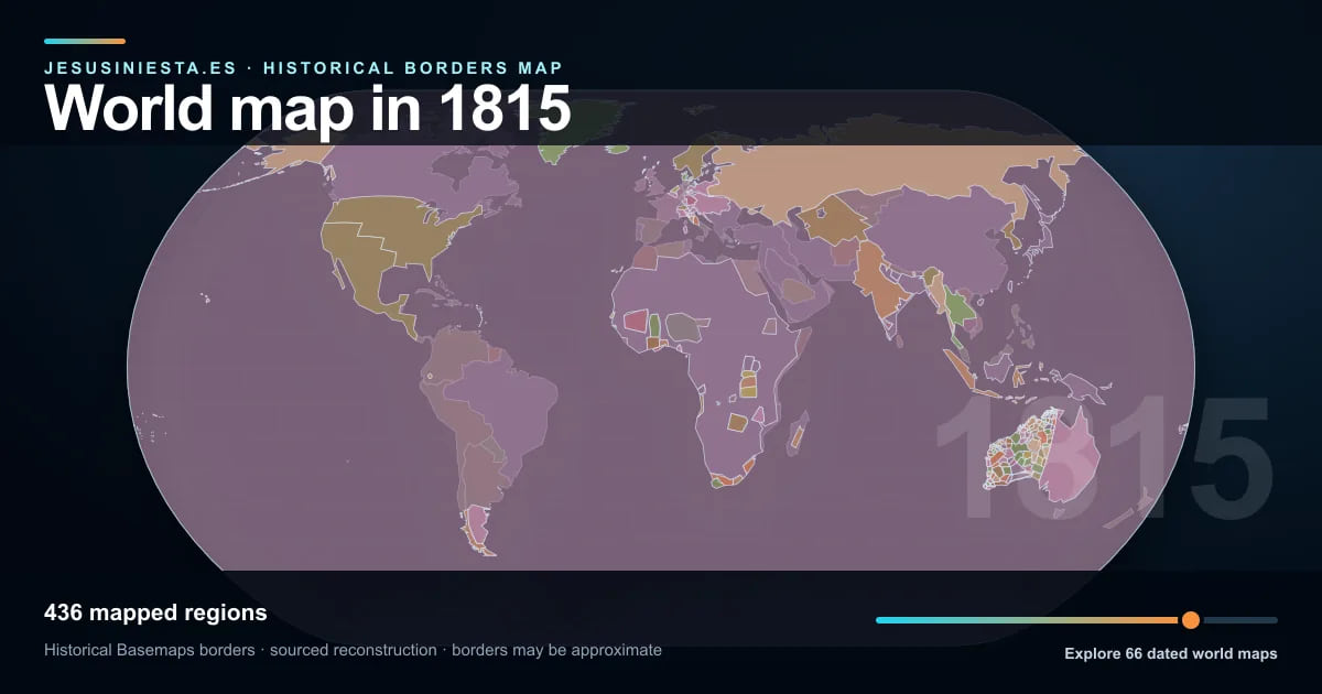 Historical world map reconstruction showing mapped regions in 1815