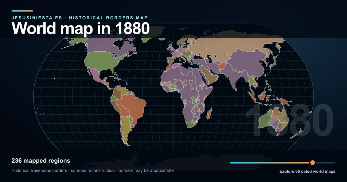 Historical world map reconstruction showing mapped regions in 1880