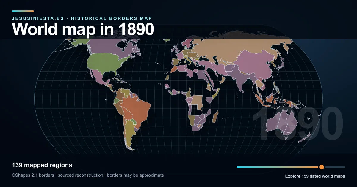 Historical world map reconstruction showing mapped regions in 1890