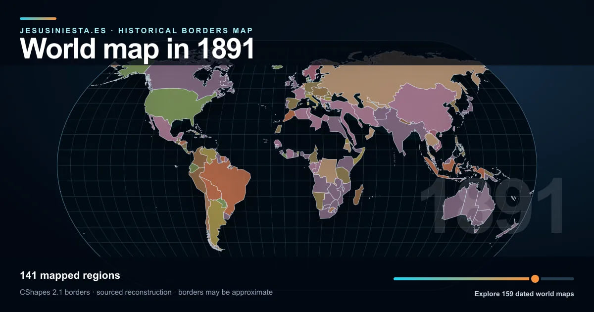 Historical world map reconstruction showing mapped regions in 1891