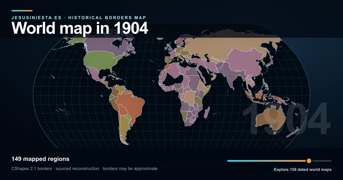 Historical world map reconstruction showing mapped regions in 1904