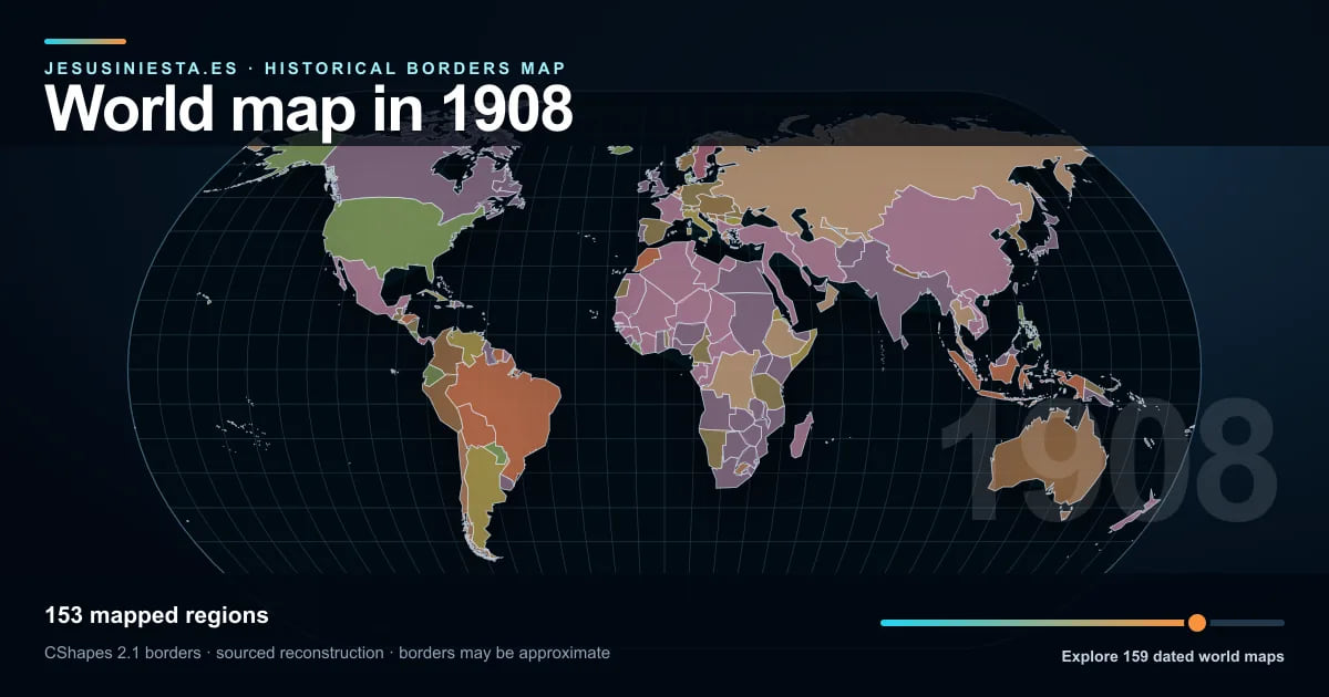 Historical world map reconstruction showing mapped regions in 1908