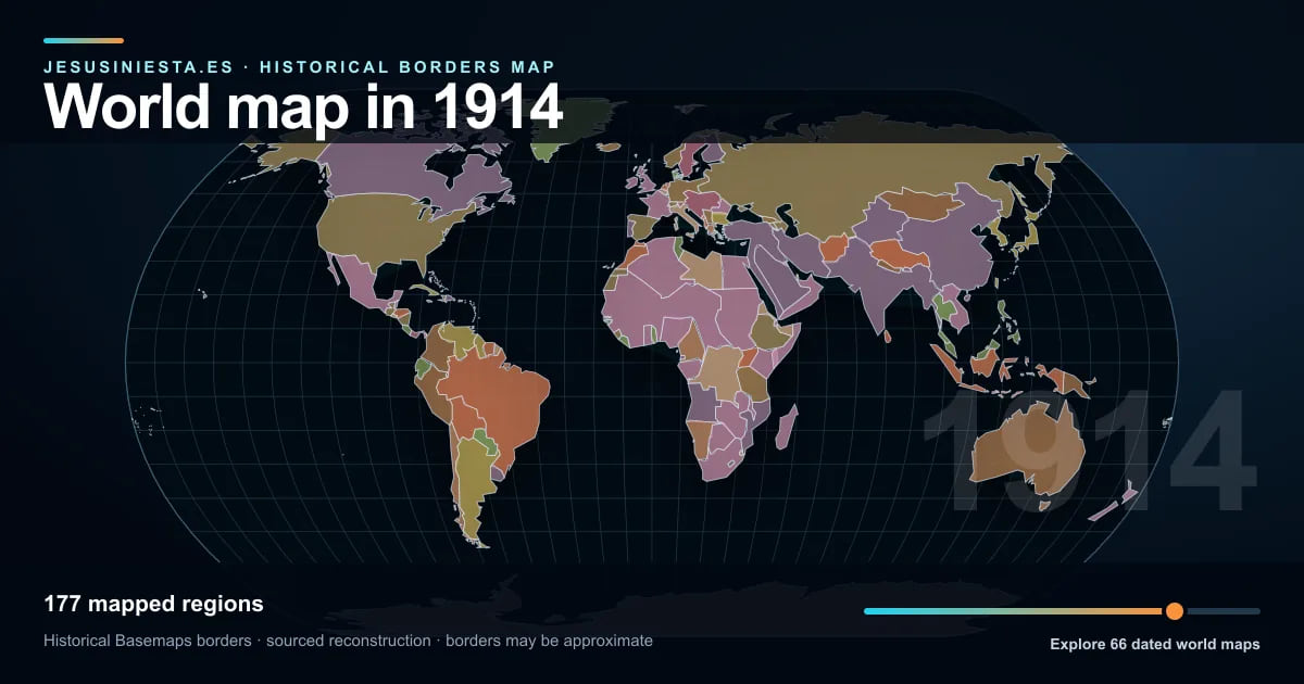 Historical world map reconstruction showing mapped regions in 1914