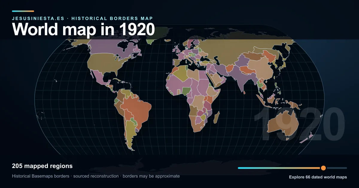 Historical world map reconstruction showing mapped regions in 1920