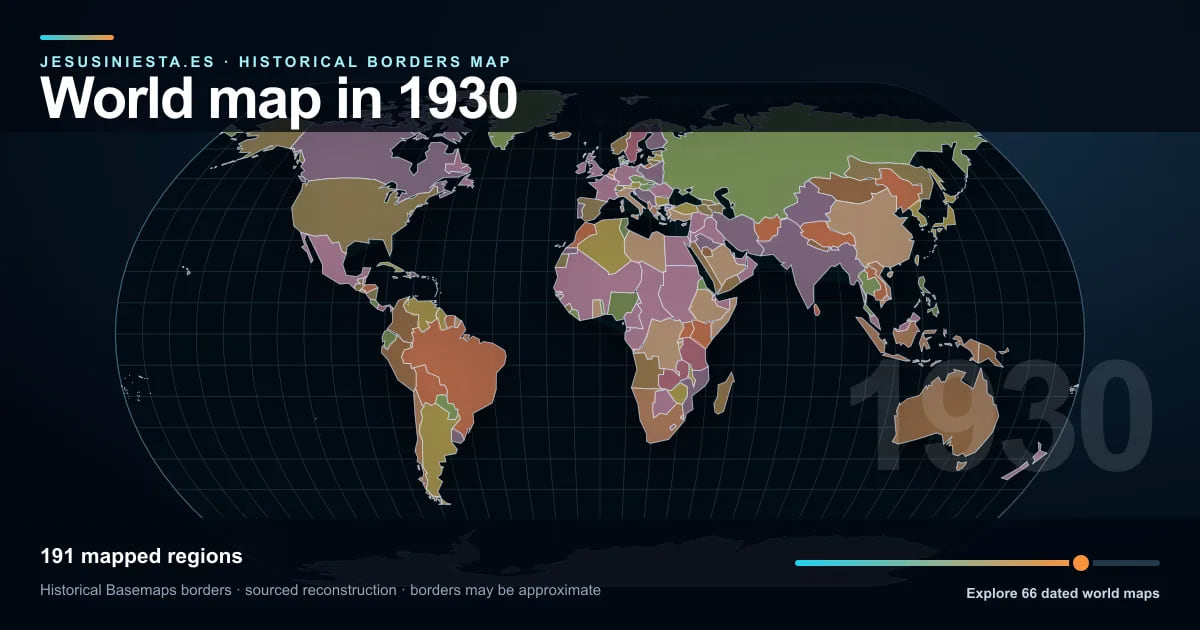 Historical world map reconstruction showing mapped regions in 1930