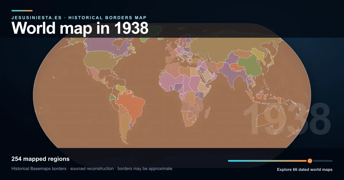 Historical world map reconstruction showing mapped regions in 1938