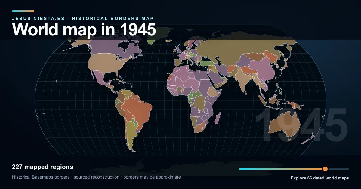 Historical world map reconstruction showing mapped regions in 1945