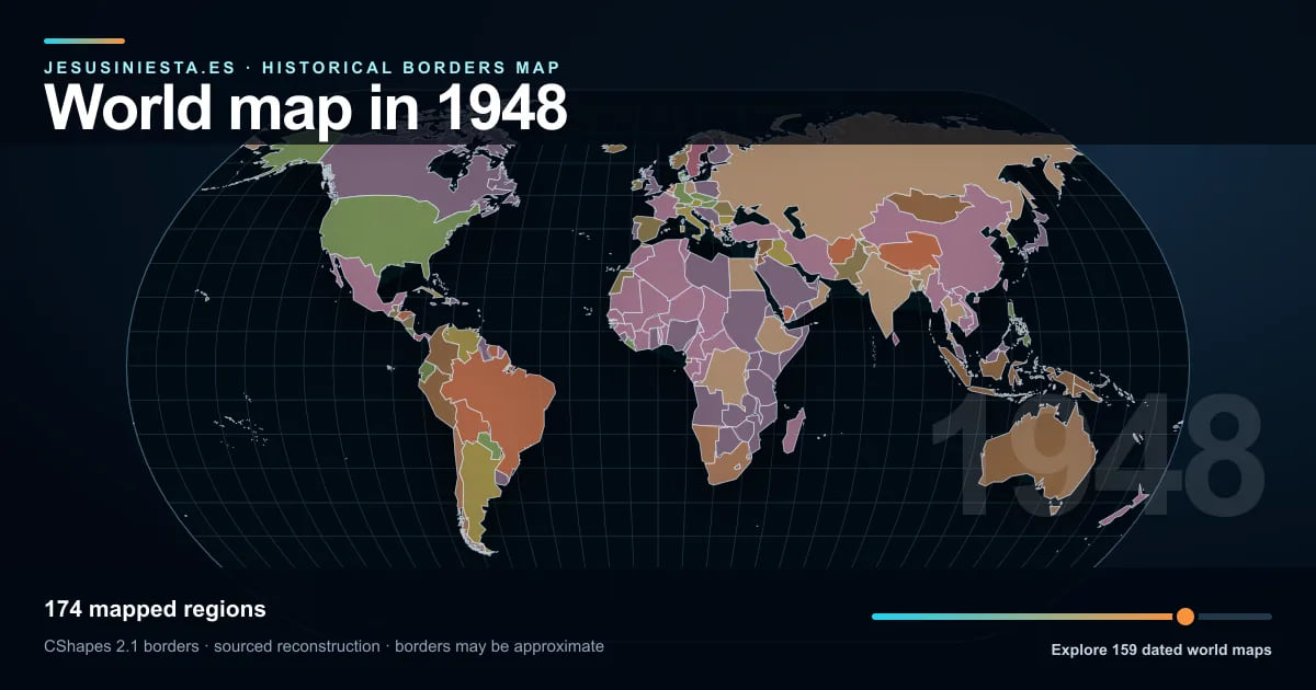 Historical world map reconstruction showing mapped regions in 1948