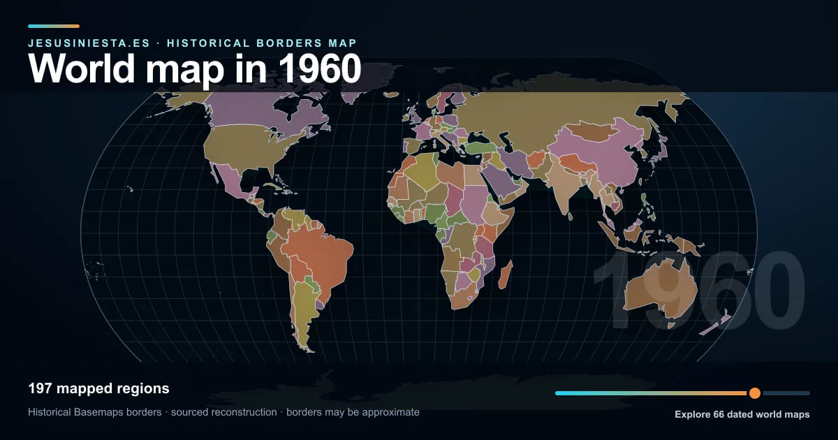 Historical world map reconstruction showing mapped regions in 1960