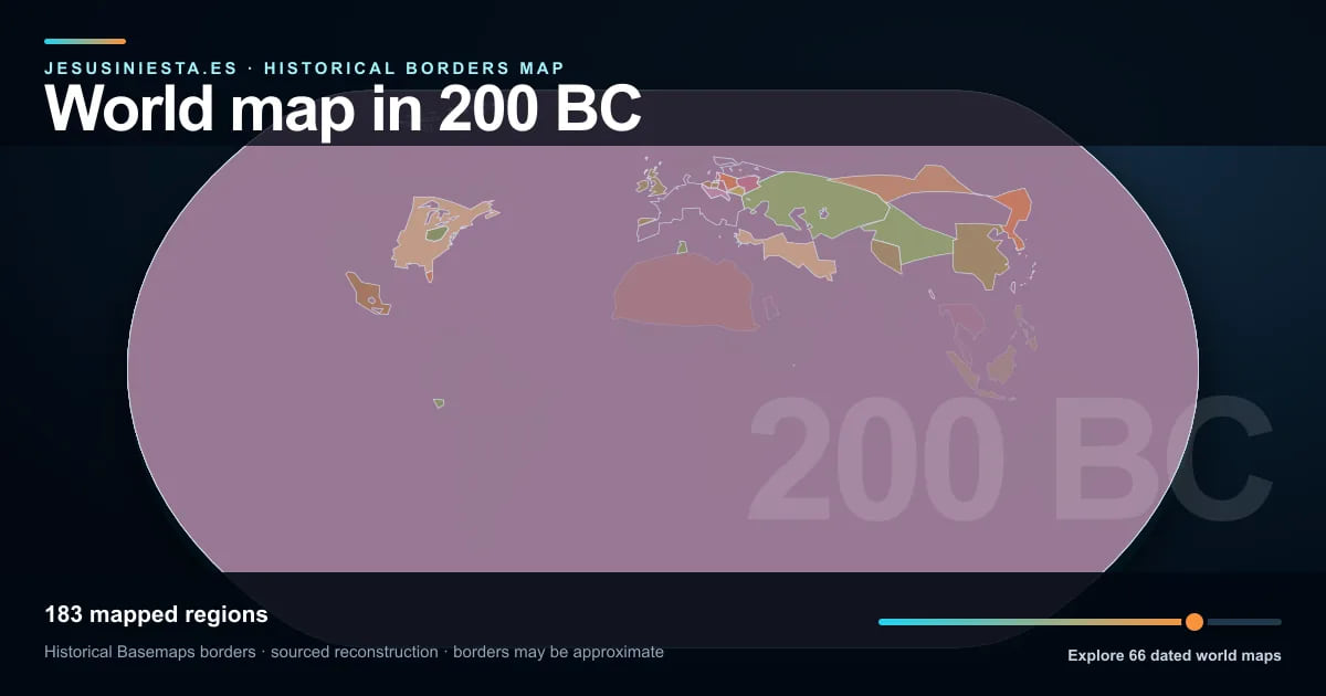 Historical world map reconstruction showing mapped regions in 200 BC