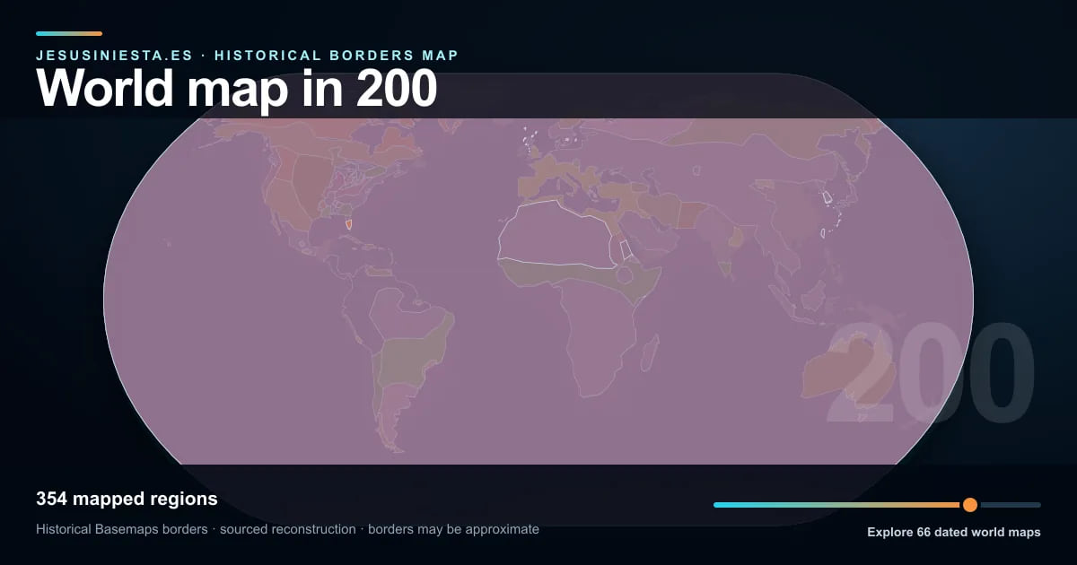Historical world map reconstruction showing mapped regions in 200