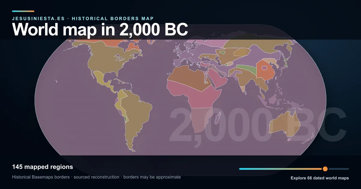 Historical world map reconstruction showing mapped regions in 2,000 BC