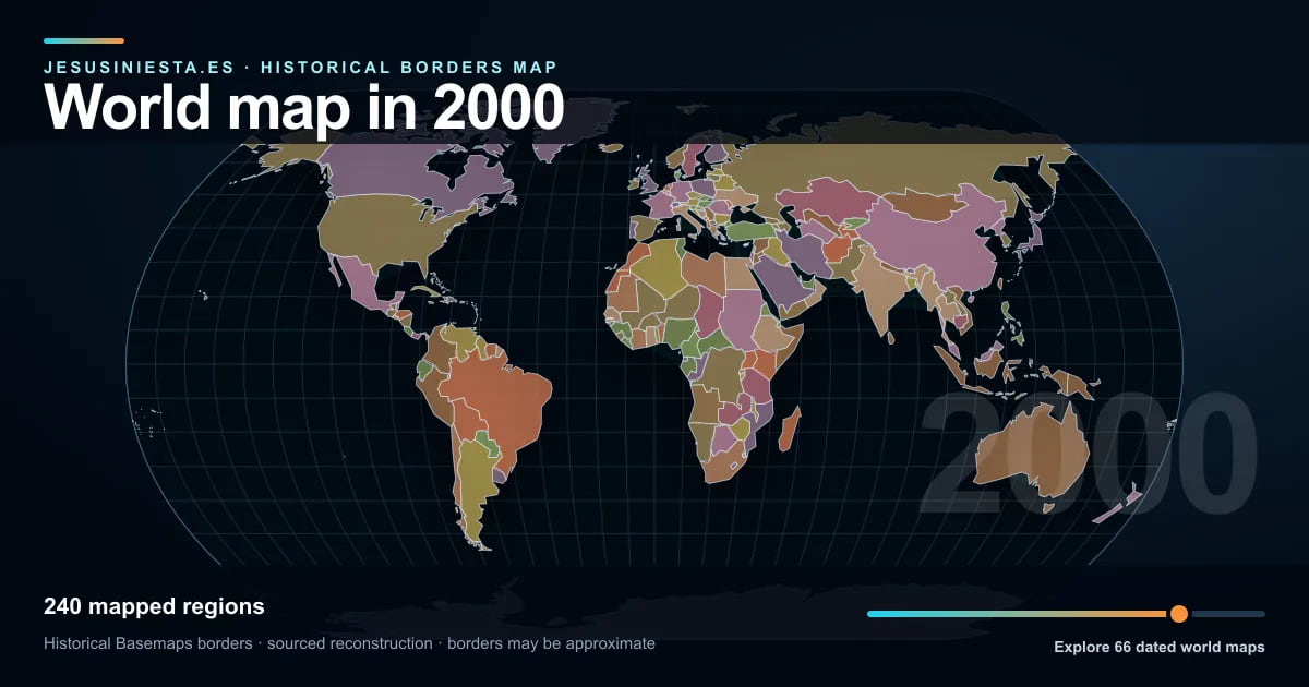 Historical world map reconstruction showing mapped regions in 2000