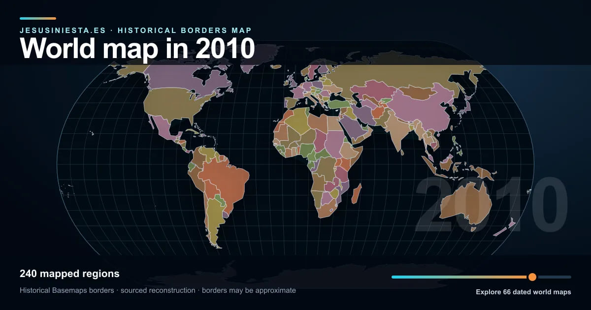 Historical world map reconstruction showing mapped regions in 2010