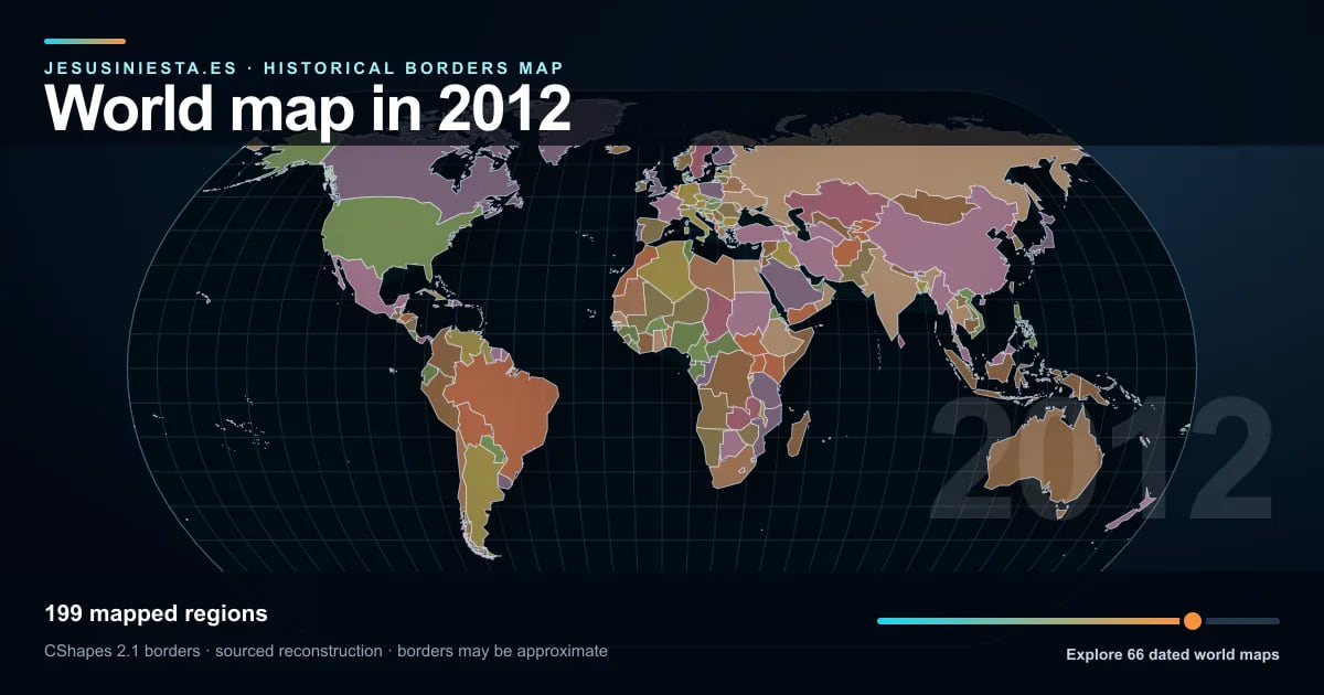 Historical world map reconstruction showing mapped regions in 2012