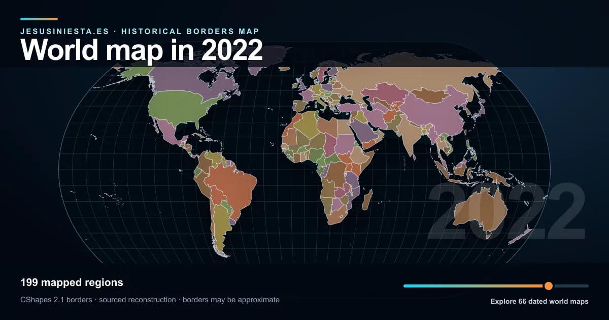 Historical world map reconstruction showing mapped regions in 2022