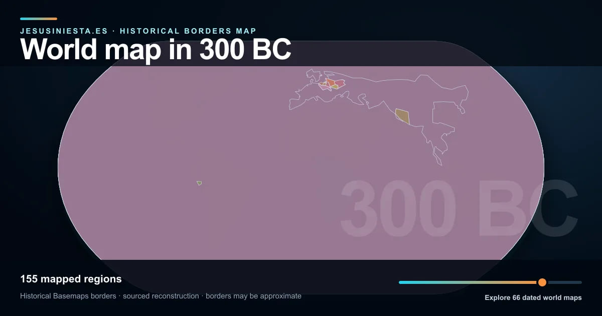 Historical world map reconstruction showing mapped regions in 300 BC