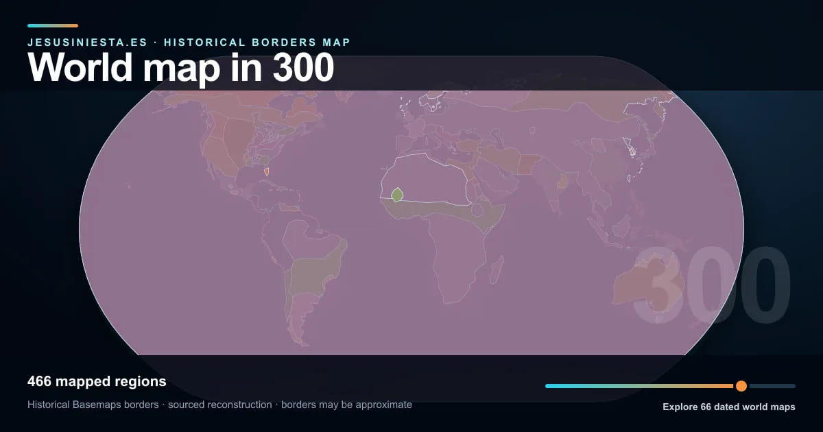 Historical world map reconstruction showing mapped regions in 300