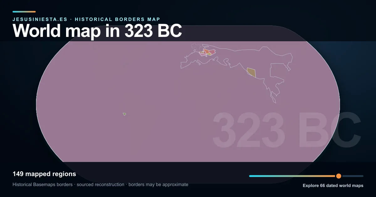 Historical world map reconstruction showing mapped regions in 323 BC